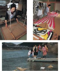 [Upper left]The traditional handmade Japanese paper technique is still used in the Boro-ku area (Photograph taken circa 1994)                                                 [Upper right]Carp streamers made of Otake paper (Photograph taken circa 1994)                           [Lower]Girls floating paper dolls on straw boats, while they wish for good luck (Photograph taken circa 1994)