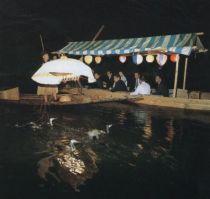 A night show on the river, where you can enjoy the skillful handling of reins by the cormorant fishermen (Photograph taken circa 1994)