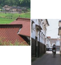 [Left]Red roof tiles suit the Saijo Basin (Photograph taken circa 1994)                                               [Lower right]Sake cellars line the street corner (Photograph taken circa 1994)